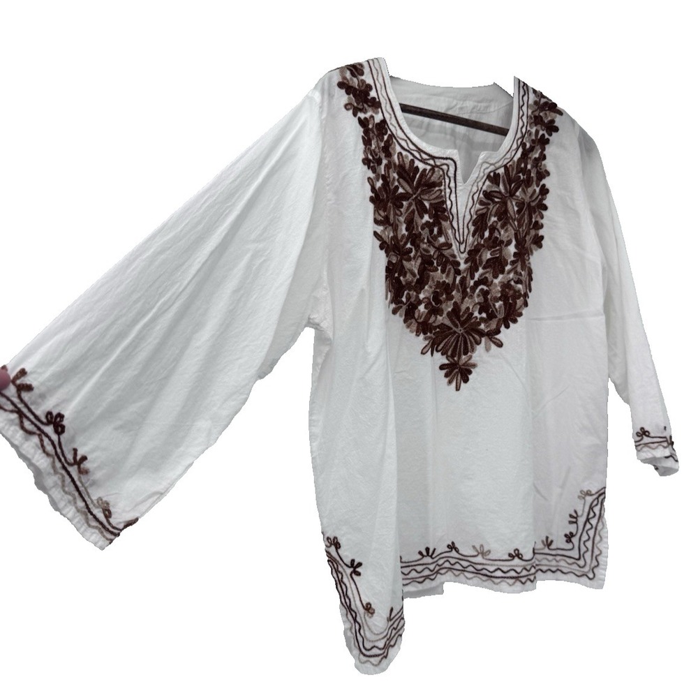 L-XL Embroidered White Brown‎ Tunic Blouse Boho resort vacation beach cover up